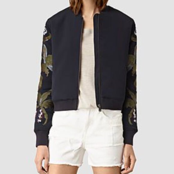 All Saints Anya Embroidered Sleeve Bomber Jacket Navy - Picture 2 of 5